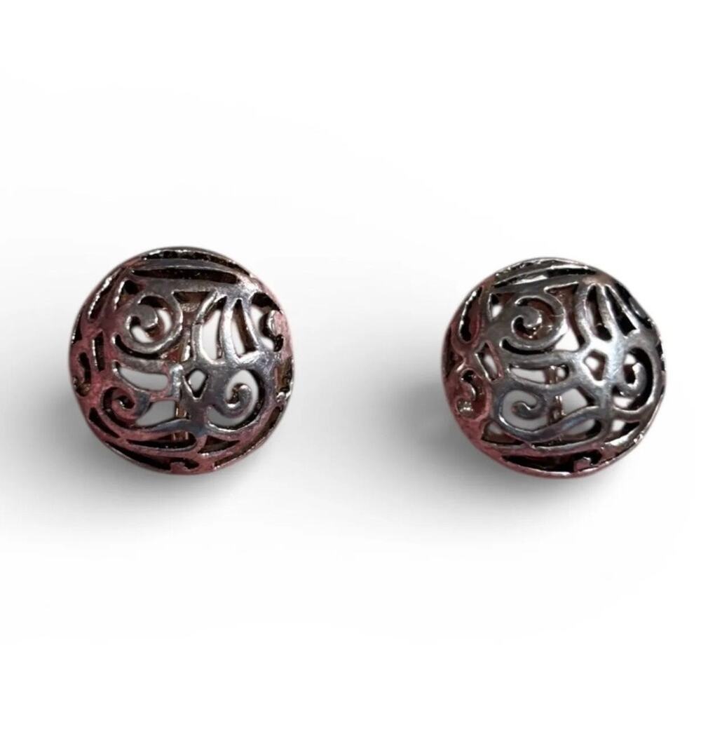 Vintage Silver Tone Filigree Clip On Earrings Round Openwork